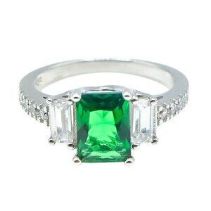Sterling Silver Green Cubic Zirconia Engagement Ring | Size 5.75 | Three-Stone